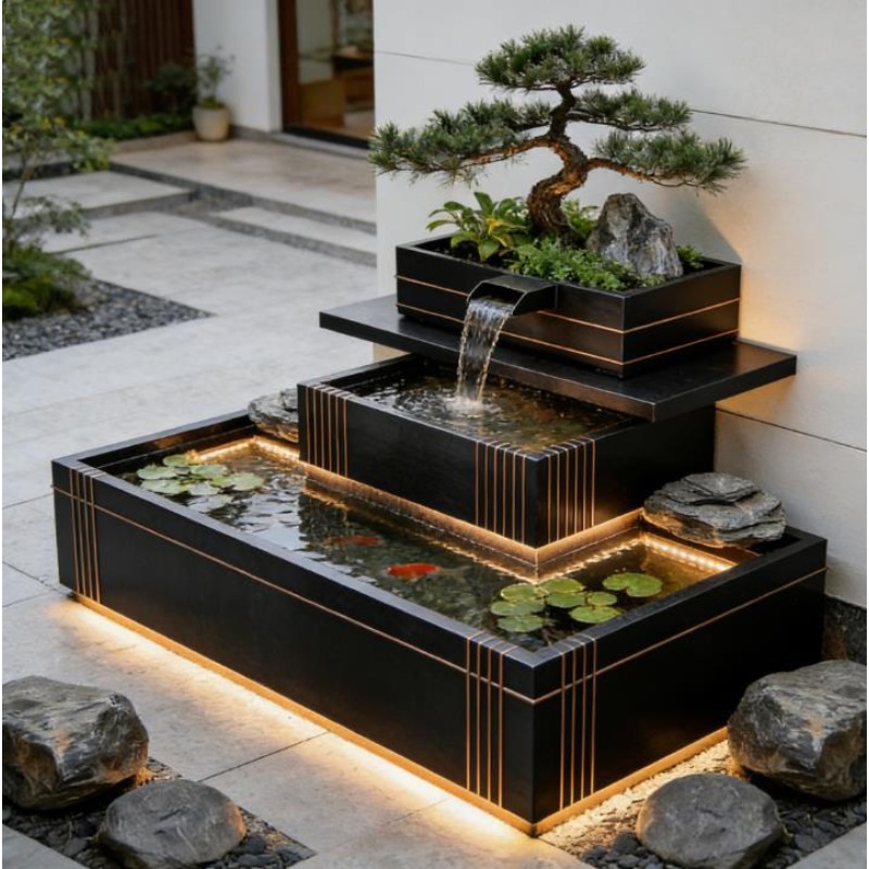 ステンレス製の滝の装飾 - 高級屋外鯉池と盆栽鉢、玄関ヴィラ - Bonsai Garden With Koi Pond のレビューと価格
