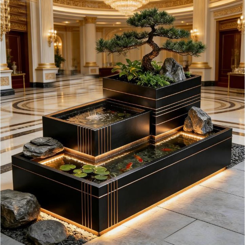 ステンレス製の滝の装飾 - 高級屋外鯉池と盆栽鉢、玄関ヴィラ - Bonsai Garden With Koi Pond のレビューと価格